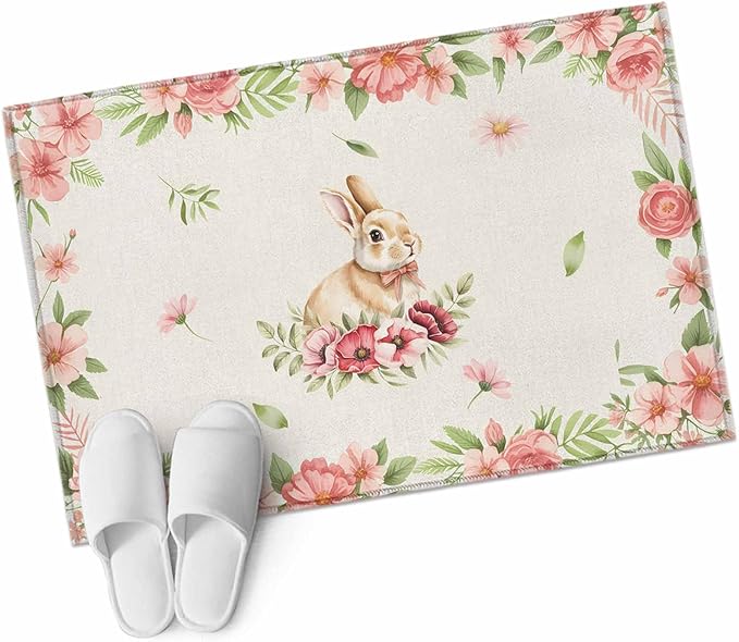 Area Rug 2x3ft, Retro Easter Rabbit on Linen Washable Rugs for Living Room Bedroom, Spring Pastoral Pink Flower Leaf Soft Non-Slip Area Rugs Rectangle Floor Carpet for Dining Room