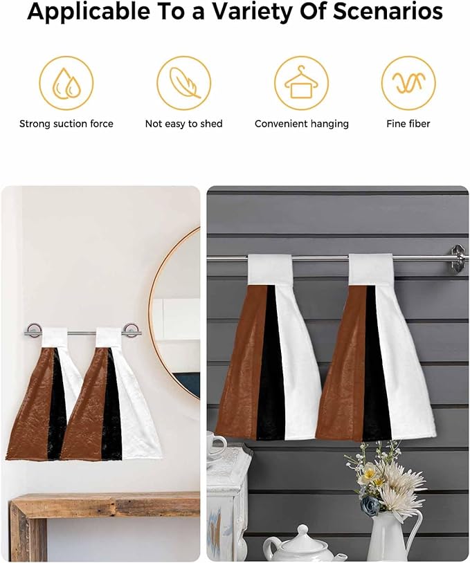 Kitchen Tie Towel Set of 2, Rustic Modern Minimalist Color Block Absorbent Soft Hand Towels for Bathroom Hanging Towels, Leather Texture Brown Black White Fast Drying Cleaning Cloth with Loop