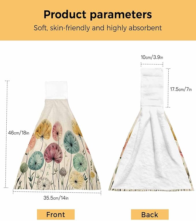 Alandar Home Kitchen Tie Towel Set of 1, Farm Dandelion Plant on Rustic Absorbent Soft Hand Towels for Bathroom Hanging Towels, Watercolor Botanical Fast Drying Cleaning Cloth with Loop