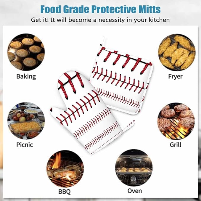 Mxocom Softball Oven Mitts and Pot Holders Sets Baseball Red Lace Over White Background Silicone Heat Resistant Kitchen Oven Gloves Pot Holder for Cooking
