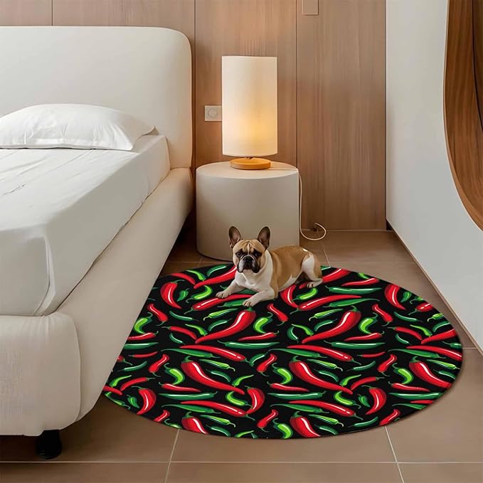 Washable Round Area Rug Spicy Chili Pepper Pattern Circle Rugs Floor Carpet for Living Room Bedroom, Red Green Peppers on Black Soft Non Slip Round Rug 4ft