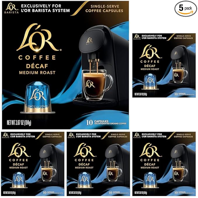 L'OR Coffee Pods, 50 Count DECAF Medium Roast, Single-Serve Aluminum Coffee Capsules Compatible with the L'OR BARISTA System & *Nespresso Original Machines, 50 Count (Pack of 5)
