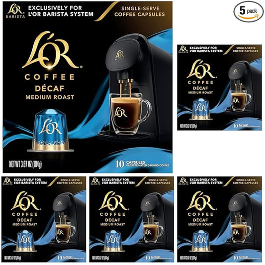 L'OR Coffee Pods, 50 Count DECAF Medium Roast, Single-Serve Aluminum Coffee Capsules Compatible with the L'OR BARISTA System & *Nespresso Original Machines, 50 Count (Pack of 5)