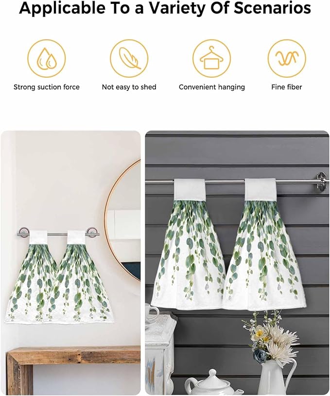 Alandar Home Kitchen Tie Towel Set of 1, Spring Green Eucalyptus Leaves Absorbent Soft Hand Towels for Bathroom Hanging Towels, Watercolor Botanical Fast Drying Cleaning Cloth with Loop