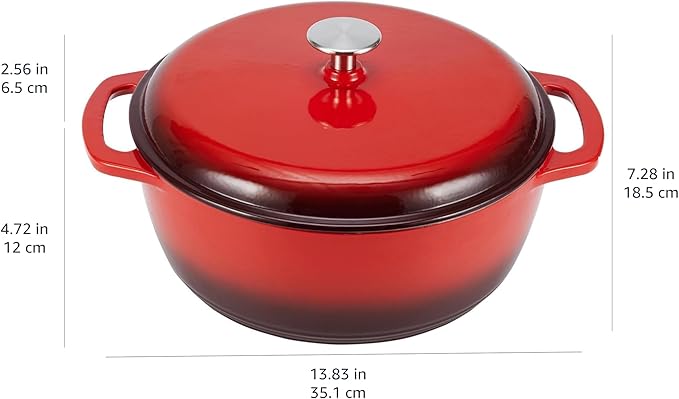Amazon Basics Enameled Cast Iron Dutch Oven Pot with Lid, Round, Dual Handles, Heavy-Duty, Oven Safe for Stews, Roasting, Baking, 6-Quart, Red