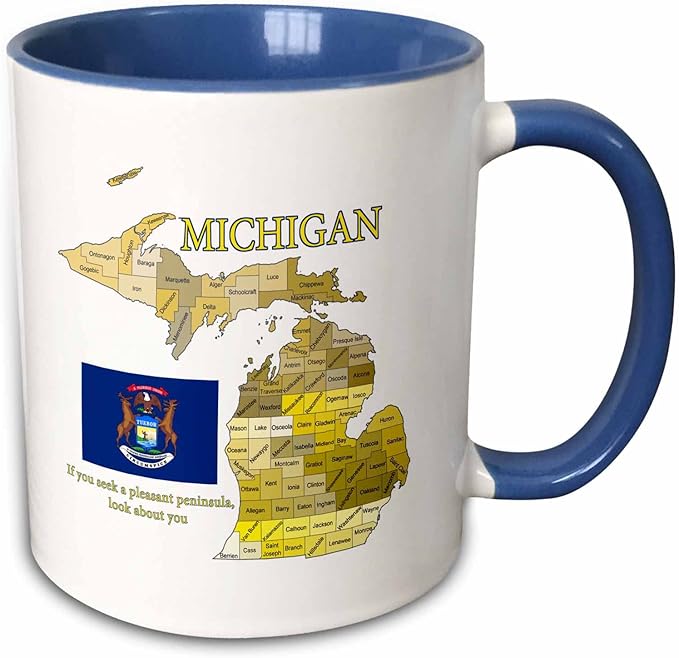3dRose Flag, Map and motto of Michigan with all counties labeled 15oz Two-Tone Blue Mug