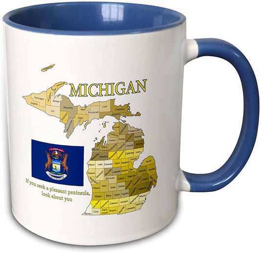 3dRose Flag, Map and motto of Michigan with all counties labeled 15oz Two-Tone Blue Mug