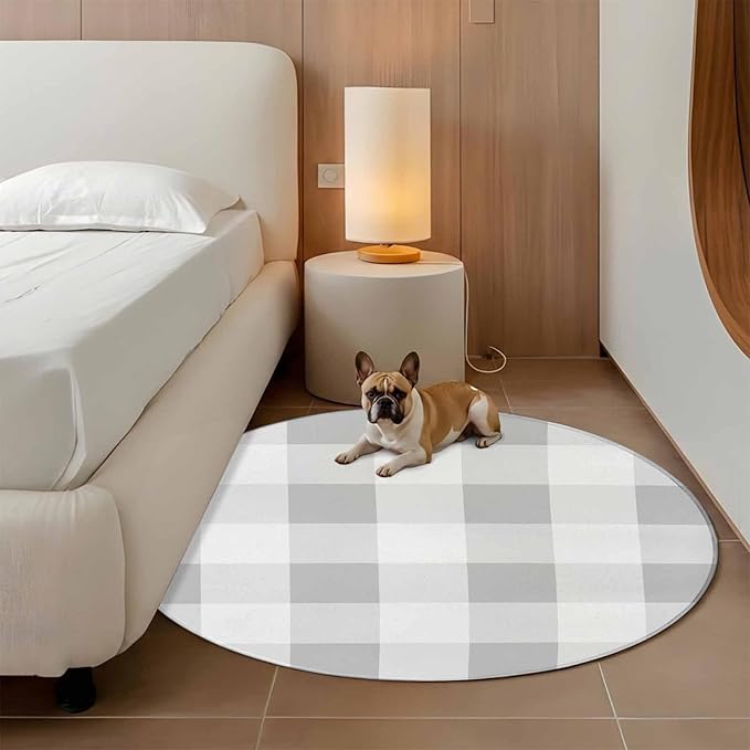 Washable Round Area Rug Light Grey White Plaid Circle Rugs Floor Carpet for Living Room Bedroom, Farmhouse Decoration Buffalo Check Soft Non Slip Round Rug 3ft