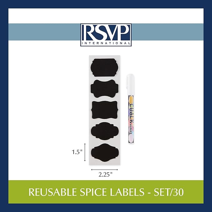 RSVP International Reusable Pantry/Spice Labels, Assorted Shapes, 30-Piece, Black