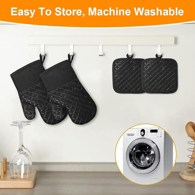 AUAUY Oven Mitts and Pot Holders 4PCS Set, 230°C/446°F Heat Resistant BBQ Gloves, Extra Thicken Long Cotton Oven Mittens, Silicone Stripes Non-Slip Kitchen Mittens for Cooking Baking Grilling