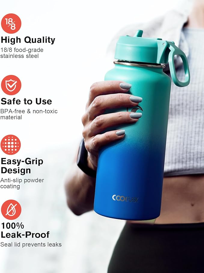 Coolflask Water Bottle 32 oz Insulated with Straw, Stainless Steel Metal 3 Lids Water Flask Wide Mouth for Sports or Office, Non-BPA Keep Cold Up to 48 Hrs or Hot Up to 24 Hrs, Pacific Prince