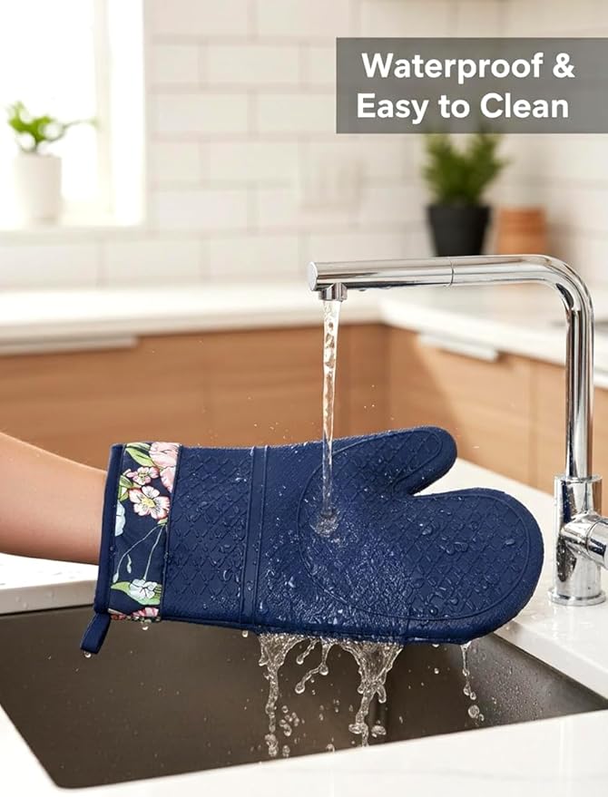 Pair of 2 Heat-Resistant Silicone Oven Mitts – Extra Long, Non-Slip Grip, Soft Cotton Lining, Perfect for Baking, Cooking & BBQ – 13” x 7” Kitchen Gloves (Blue Flora)