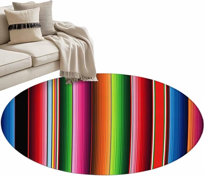 Washable Round Area Rug Mexico Art Colorful Stripes Circle Rugs Floor Carpet for Living Room Bedroom, Color Gradient Lines Soft Non Slip Round Rug 3ft