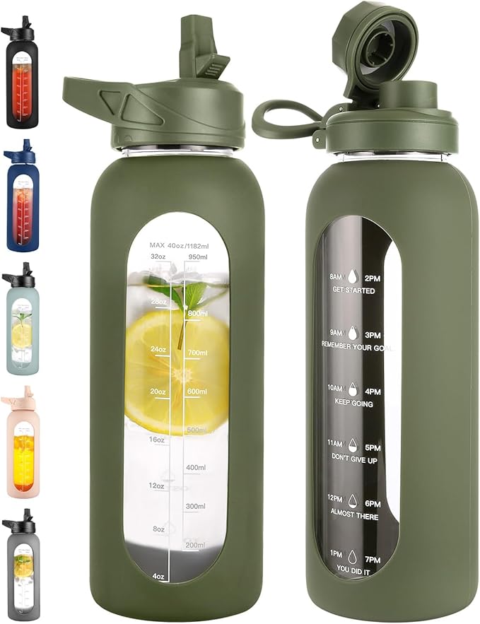 CIVAGO 40 oz Glass Water Bottle with Straw and Handle, Large Sports Motivational Water Bottle Flask with Time Marker and 2 Lids, Leakproof Water Jug Canteen with Silicone Sleeve for Gym, Army Green