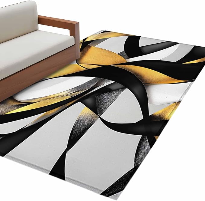Area Rug 4x6ft, Modern Geometric Stripe Texture Washable Rugs for Living Room Bedroom, Abstract Gold Black White Line Soft Non-Slip Area Rugs Rectangle Floor Carpet for Dining Room