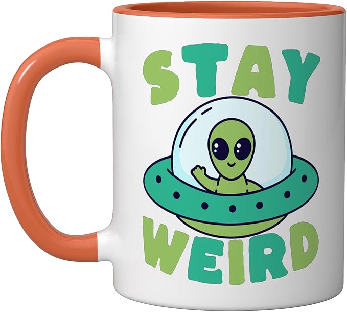 Cute Alien Stay Weird UFO Extraterrestrial Space Ceramic Mug, Orange/White
