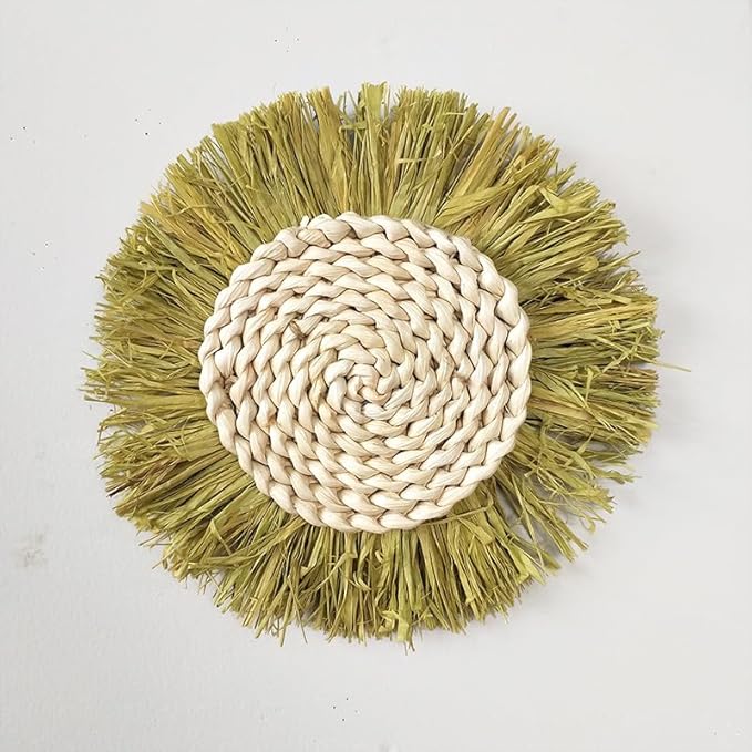 Boho Wall Baskets Decor Hanging Rustic Rattan Wicker Wall Baskets Round Wall Art for Farmhouse Living Rooms Bedrooms Kitchen Decorations (Green)