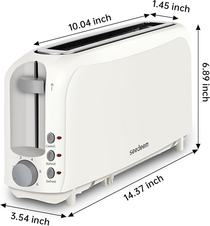 SEEDEEM 2 Slice Slim Toaster, Single 10" Long Slot Toaster Fits Bagels & Artisan Bread, 6 Shade Settings, Cancel/Reheat/Defrost, Removable Crumb Tray, Auto Shut-Off, White