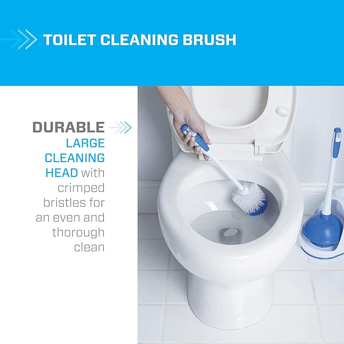 Mr. Clean Toilet Plunger and Bowl Brush Combo with Caddy, 3-Piece Heavy-Duty Plunger, Toilet Brush, and Caddy Set, White/Blue (Pack of 4)