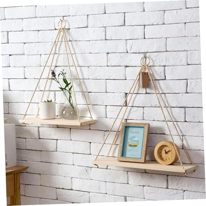 Unomor 2pcs Hanging Rope Shelf Wooden Basket Storage Rack for Wire Shelf Flower Pot Organizing