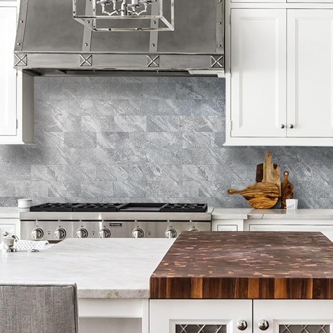 AULIGET Peel and Stick Backsplash Wall Tiles, 3" x 6" PVC Grey Marble Faux Stick on Tiles for Backsplash Kitchen and Bathroom, 4 Pieces