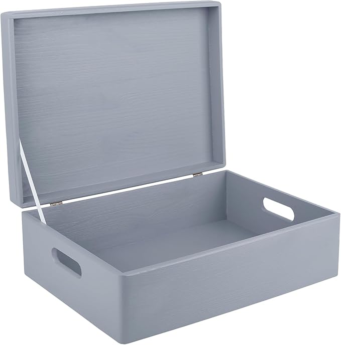 Creative Deco XL Gray Wooden Box Storage with Hinged Lid | 15.8x11.8x5.5in (+-0.5) | Keepsake with Handles | Gift Box for Tool Dog Toy Kitchen Storage | Wood Chest Trunk