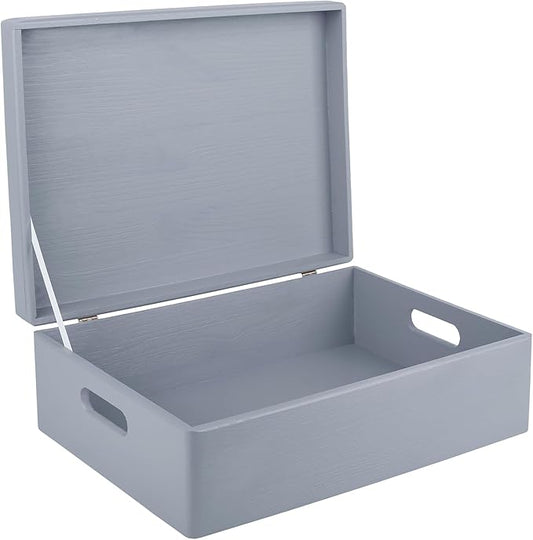 Creative Deco XL Gray Wooden Box Storage with Hinged Lid | 15.8x11.8x5.5in (+-0.5) | Keepsake with Handles | Gift Box for Tool Dog Toy Kitchen Storage | Wood Chest Trunk