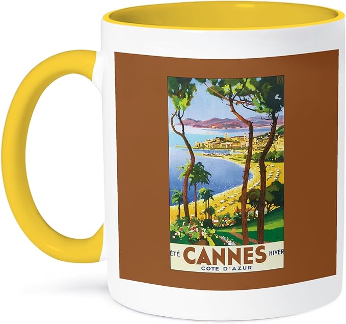 3dRose Cannes Cote D Azur Colorful Beach Travel Luggage Label 15oz Two-Tone Yellow Mug