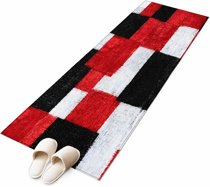 Runner Rug for Bedroom Hallway, Red Black White Gradient Kitchen Runner Rugs Area Rug 2x6ft, Abstract Color Block Washable Soft Floor Carpet for Entryway Stair