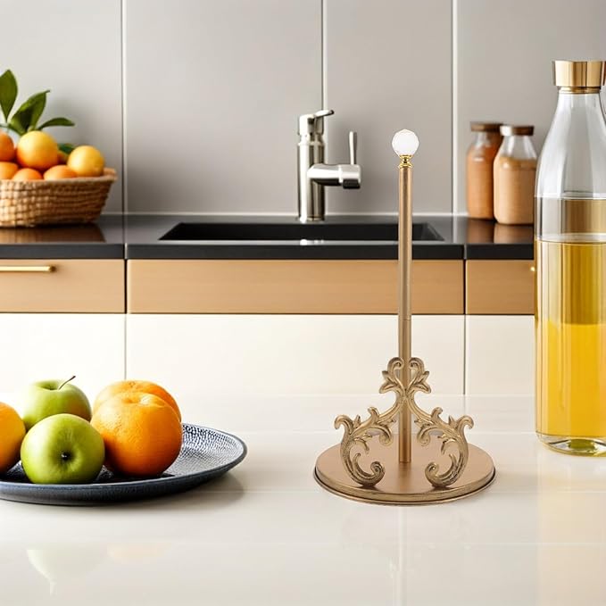 HOMSFOU Decorative Paper Towel Holder with Arm, Iron Art Kitchen Countertop Roll Dispenser, European Style Storage Rack for Dining Table, 1pcs