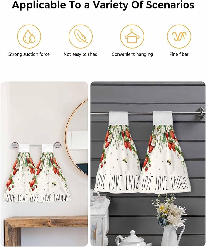 Alandar Home Kitchen Tie Towel Set of 1, Watercolor Rustic Strawberry Flower Bee Absorbent Soft Hand Towels for Bathroom Hanging Towels, Farmhouse Landscape Fast Drying Cleaning Cloth with Loop