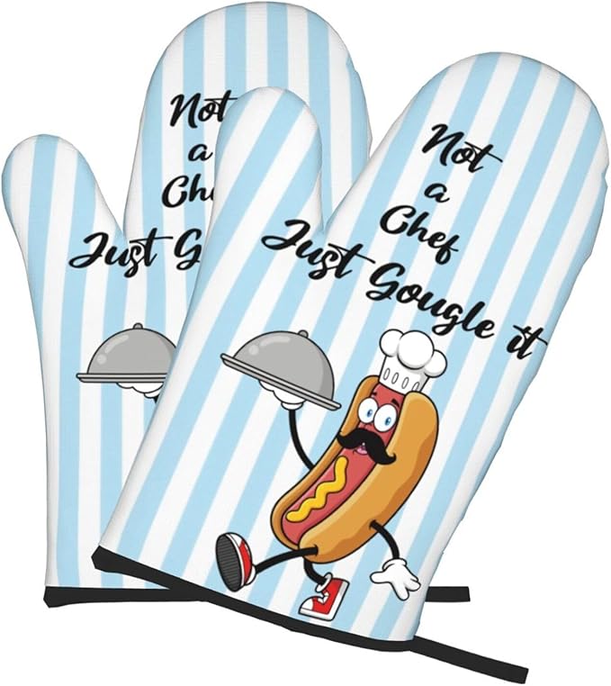 Oven Mitts of 2-Pack Set, Not A Chef Just Gougle It, Funny Kitchen Gloves Heat Resistant Non-Slip Kitchen Mitts Safe Cooking Baking Grilling