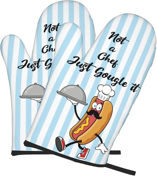 Oven Mitts of 2-Pack Set, Not A Chef Just Gougle It, Funny Kitchen Gloves Heat Resistant Non-Slip Kitchen Mitts Safe Cooking Baking Grilling