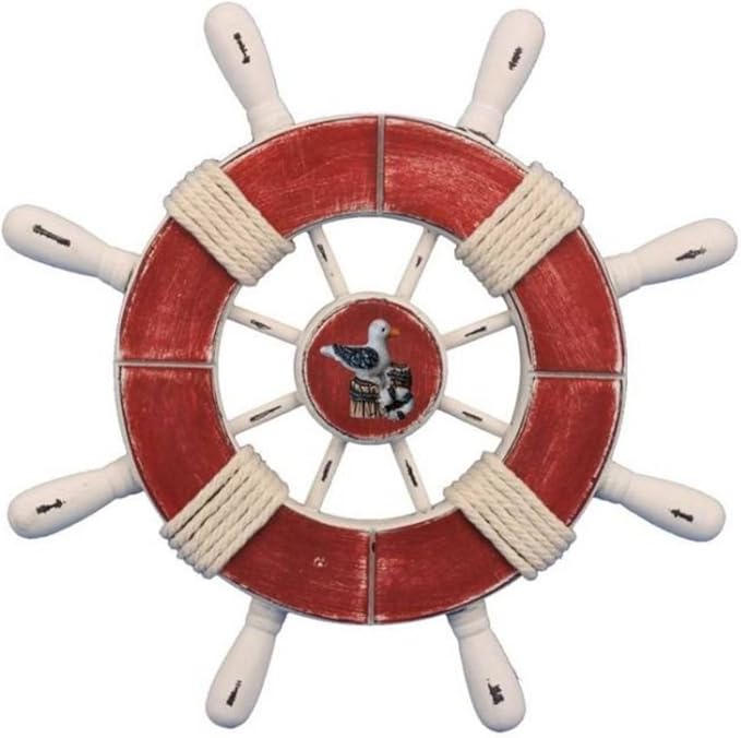 Hampton Nautical Wheel-9-110-seagull Rustic Decorative Ship Wheel with Seagull, 9", Red/White