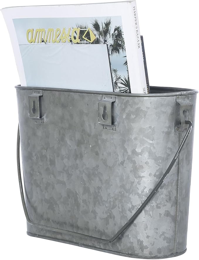 MyGift Rustic Wall Mounted Galvanized Metal Bathroom Magazine Rack, Farmhouse Bucket Style Tin Hanging Storage Bin - Handcrafted In India