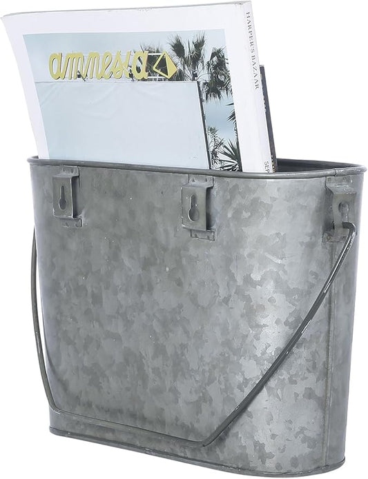 MyGift Rustic Wall Mounted Galvanized Metal Bathroom Magazine Rack, Farmhouse Bucket Style Tin Hanging Storage Bin - Handcrafted In India