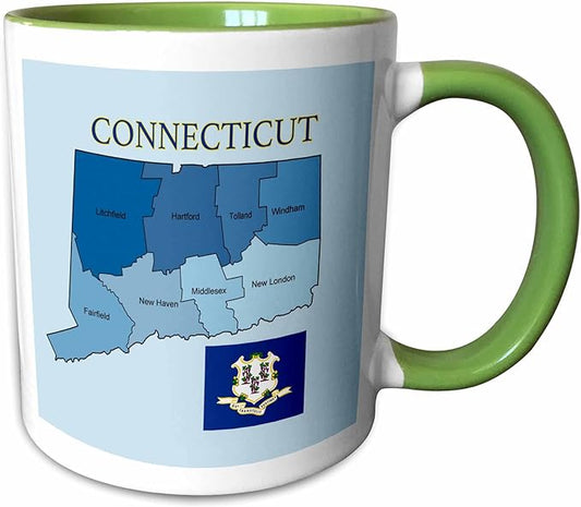 3dRose Flag and map of the state of Connecticut with counties labeled 15oz Two-Tone Green Mug