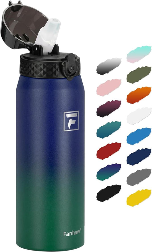 Fanhaw 24 oz Insulated Stainless Steel Water Bottle with Straw Lid, Leakproof & Anti-Dust Sports Bottle for Kids, Women & Men (Purple Green)