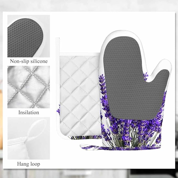 Mxocom Lavender Flowers Oven Mitts and Pot Holders Sets Purple Blooming Flower Silicone Heat Resistant Kitchen Oven Gloves Pot Holder for Cooking