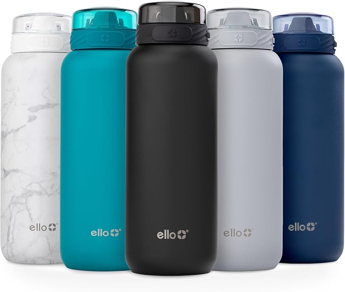 Ello Cooper 40oz Stainless Steel Water Bottle with Straw and Carry Handle, Double Walled and Vacuum Insulated Metal, Leak Proof Locking Lid with Soft Silicone Spout, Reusable, BPA Free, Black