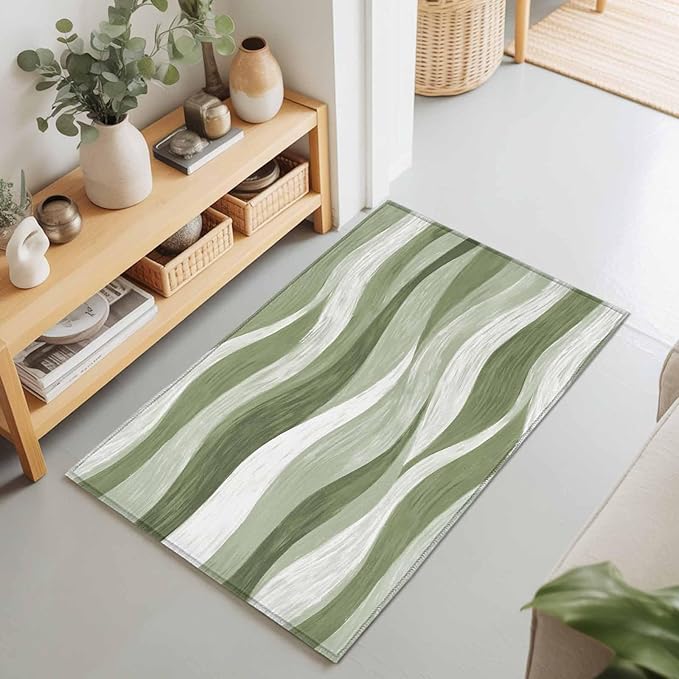 Area Rug 2x3ft, Modern Sage Green Gradient Stripe Washable Rugs for Living Room Bedroom, Abstract Ocean Wave Soft Non-Slip Area Rugs Rectangle Floor Carpet for Dining Room