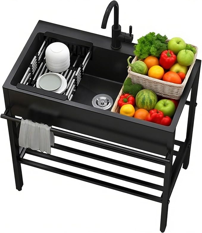 Commercial Kitchen Sink,Black Laundry Room Sink,Stainless Steel Stand Alone,Set with Drain Basket, Hot and Cold Tap,Adjustable Leg Height,for Restaurant,Room,Backyard,Garage