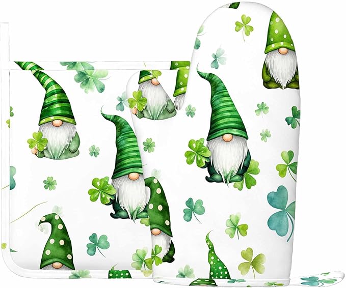Mxocom Lucky Clover Leaves Oven Mitt and Pot Holder with Silicone St Patrick Day Gnomes Green Hat Watercolor Cartoon Dwarf Plant Heat Resistant Kitchen for Cooking BBQ Baking Grilling Spring