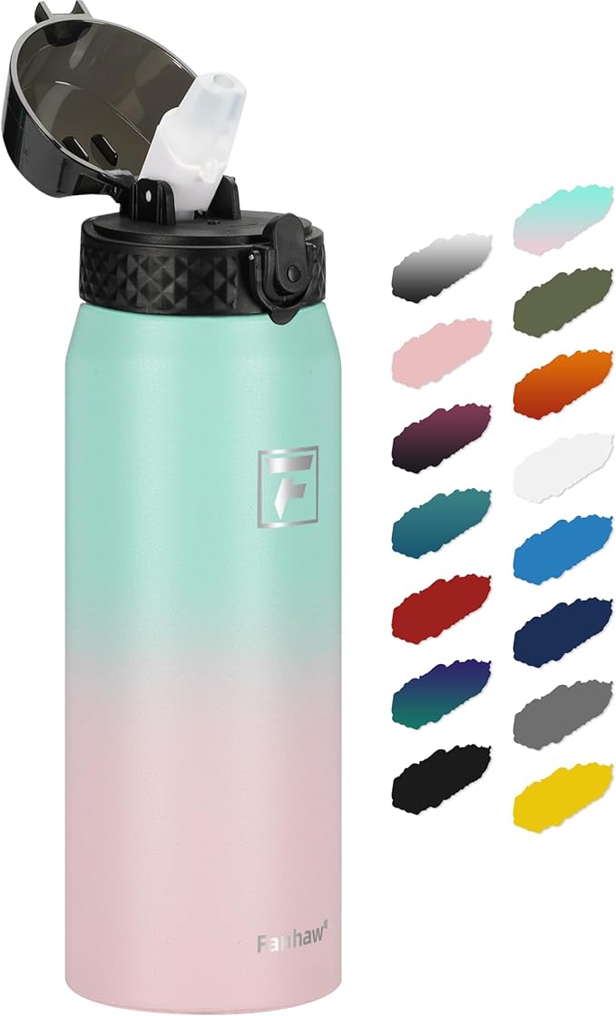 Fanhaw 24 oz Insulated Stainless Steel Water Bottle with Straw Lid, Leakproof & Anti-Dust Sports Bottle for Kids, Women & Men (Green Pink)