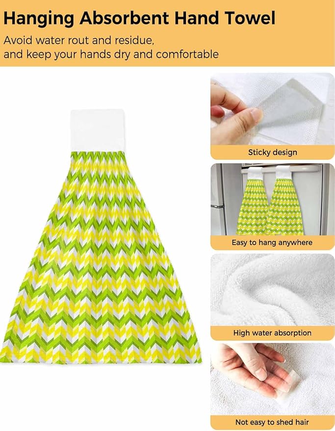 Alandar Home Kitchen Tie Towel Set of 1, Modern Chevron Striped Geometric Art Absorbent Soft Hand Towels for Bathroom Hanging Towels, Yellow Green Fast Drying Cleaning Cloth with Loop