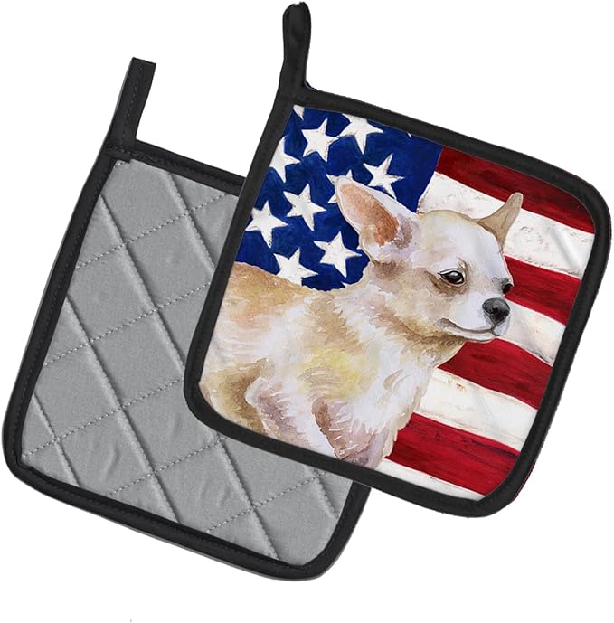 Caroline's Treasures BB9697PTHD Chihuahua Leg up Patriotic Pair of Pot Holders Kitchen Heat Resistant Pot Holders Sets Oven Hot Pads for Cooking Baking BBQ, 7 1/2 x 7 1/2