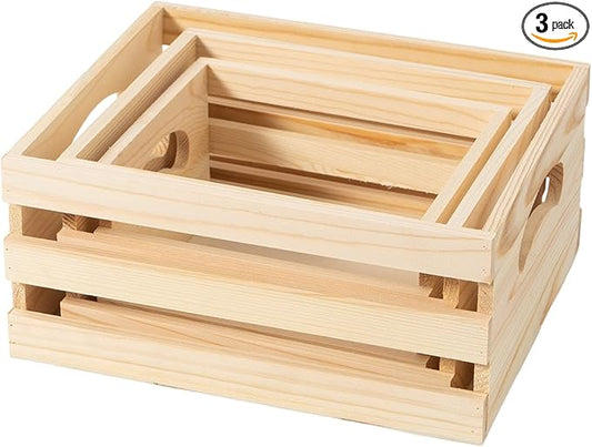 Set of 3 Rustic Wooden Nesting Crates with Handles, Decorative Wood Crates, Crate Box Wooden Storage Box for Kitchen, Office, Bedroom, Closet, Rustic Country Decor(Large Size 13.4x9.8x6.7 in)