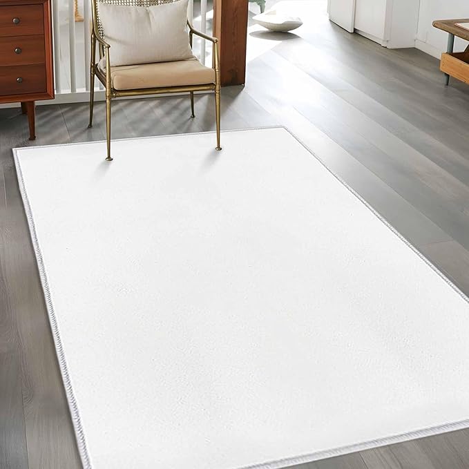 Area Rug 4x6ft, Pure White Washable Rugs for Living Room Bedroom, Minimalist Solid Color Soft Non-Slip Area Rugs Rectangle Floor Carpet for Dining Room