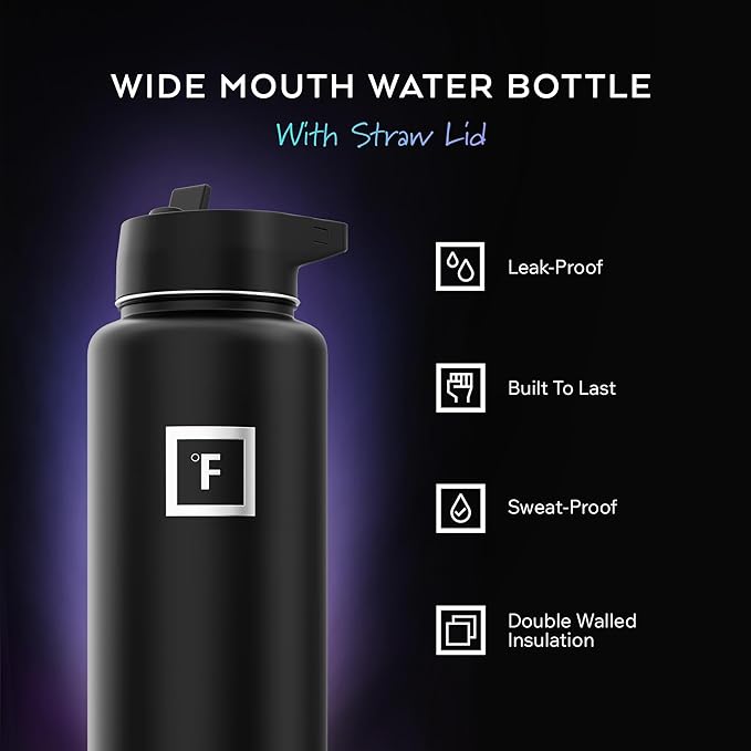 IRON °FLASK Camping & Hiking Hydration Flask with Straw, Wide Mouth Insulated Stainless Steel Sports Water Bottle - Lavender 40 oz - Straw (1 Lid)