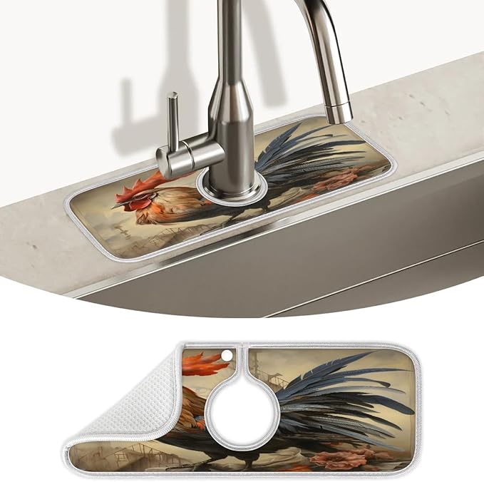 Farmhouse Rooster Kitchen Sink Splash Guard Absorbent Fast Drying Mat Sink Gadgets Washable Sink Matt for Kitchen Faucet Splash Guard
